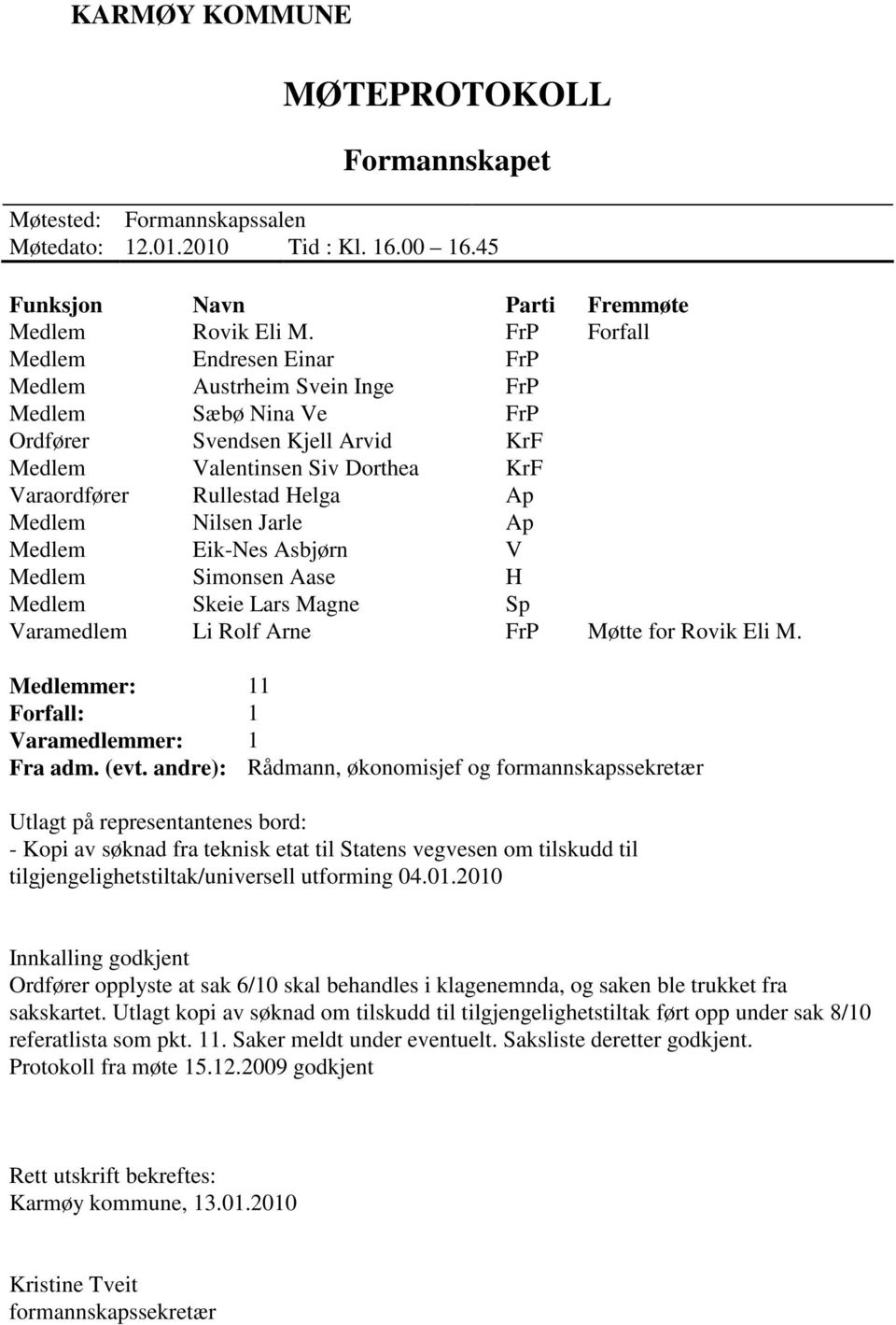 Medlem Nilsen Jarle Ap Medlem Eik-Nes Asbjørn V Medlem Simonsen Aase H Medlem Skeie Lars Magne Sp Varamedlem Li Rolf Arne FrP Møtte for Rovik Eli M. Medlemmer: 11 Forfall: 1 Varamedlemmer: 1 Fra adm.