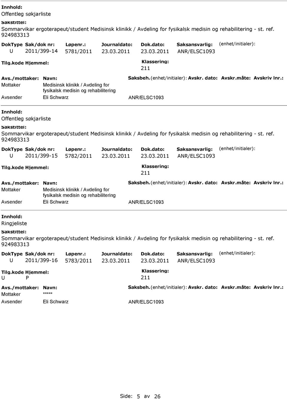 klinikk / Avdeling for fysikalsk medisin og rehabilitering Eli Schwarz Ringjeliste Sommarvikar ergoterapeut/student Medisinsk klinikk / Avdeling for fysikalsk medisin og