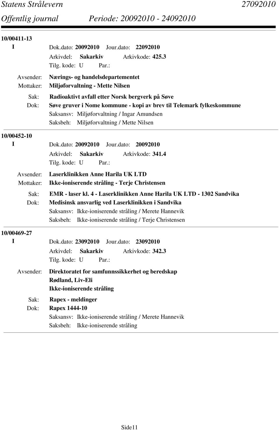 Miljøforvaltning / Ingar Amundsen Saksbeh: Miljøforvaltning / Mette Nilsen 10/00452-10 Arkivdel: Sakarkiv Arkivkode: 341.