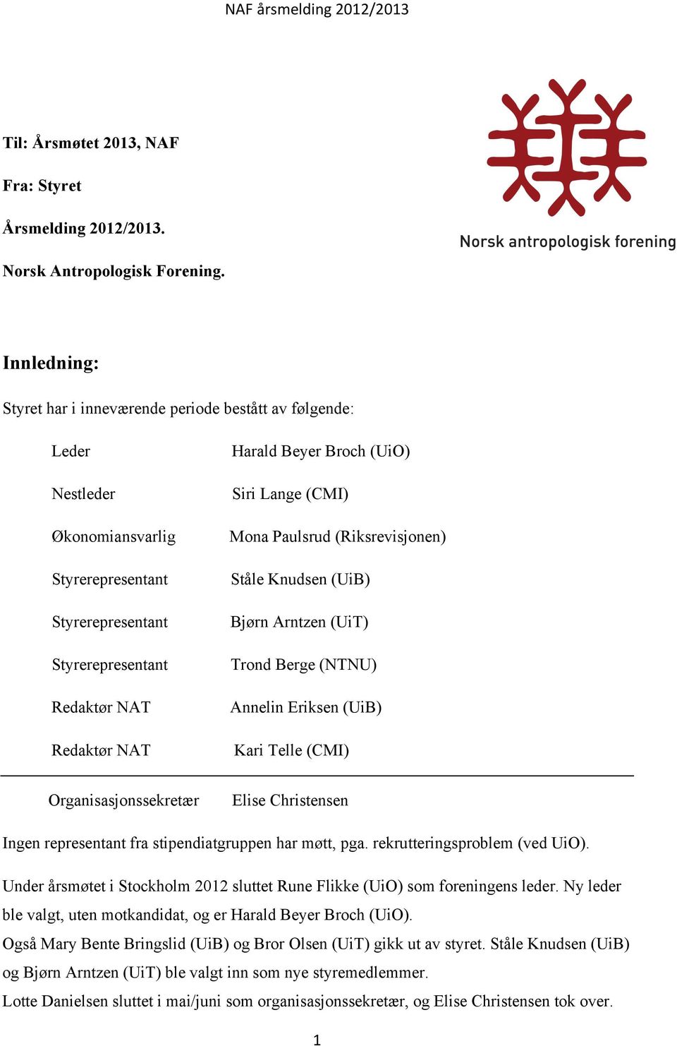 (UiO) Siri Lange (CMI) Mona Paulsrud (Riksrevisjonen) Ståle Knudsen (UiB) Bjørn Arntzen (UiT) Trond Berge (NTNU) Annelin Eriksen (UiB) Kari Telle (CMI) Organisasjonssekretær Elise Christensen Ingen