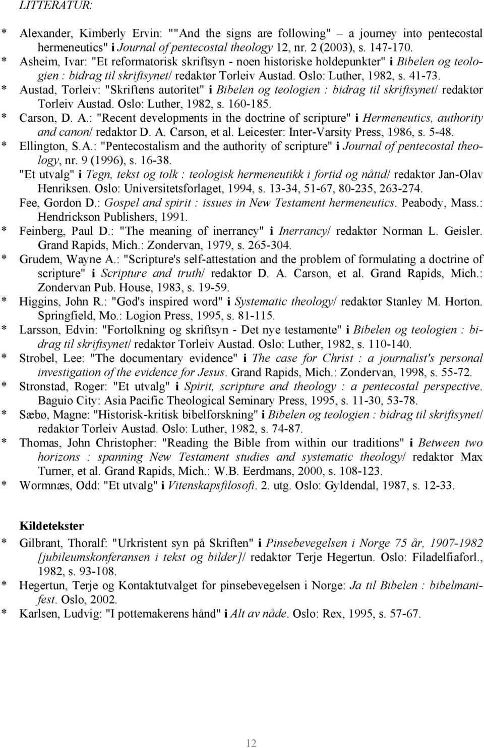 * Austad, Torleiv: "Skriftens autoritet" i Bibelen og teologien : bidrag til skriftsynet/ redaktør Torleiv Austad. Oslo: Luther, 1982, s. 160-185. * Carson, D. A.: "Recent developments in the doctrine of scripture" i Hermeneutics, authority and canon/ redaktør D.