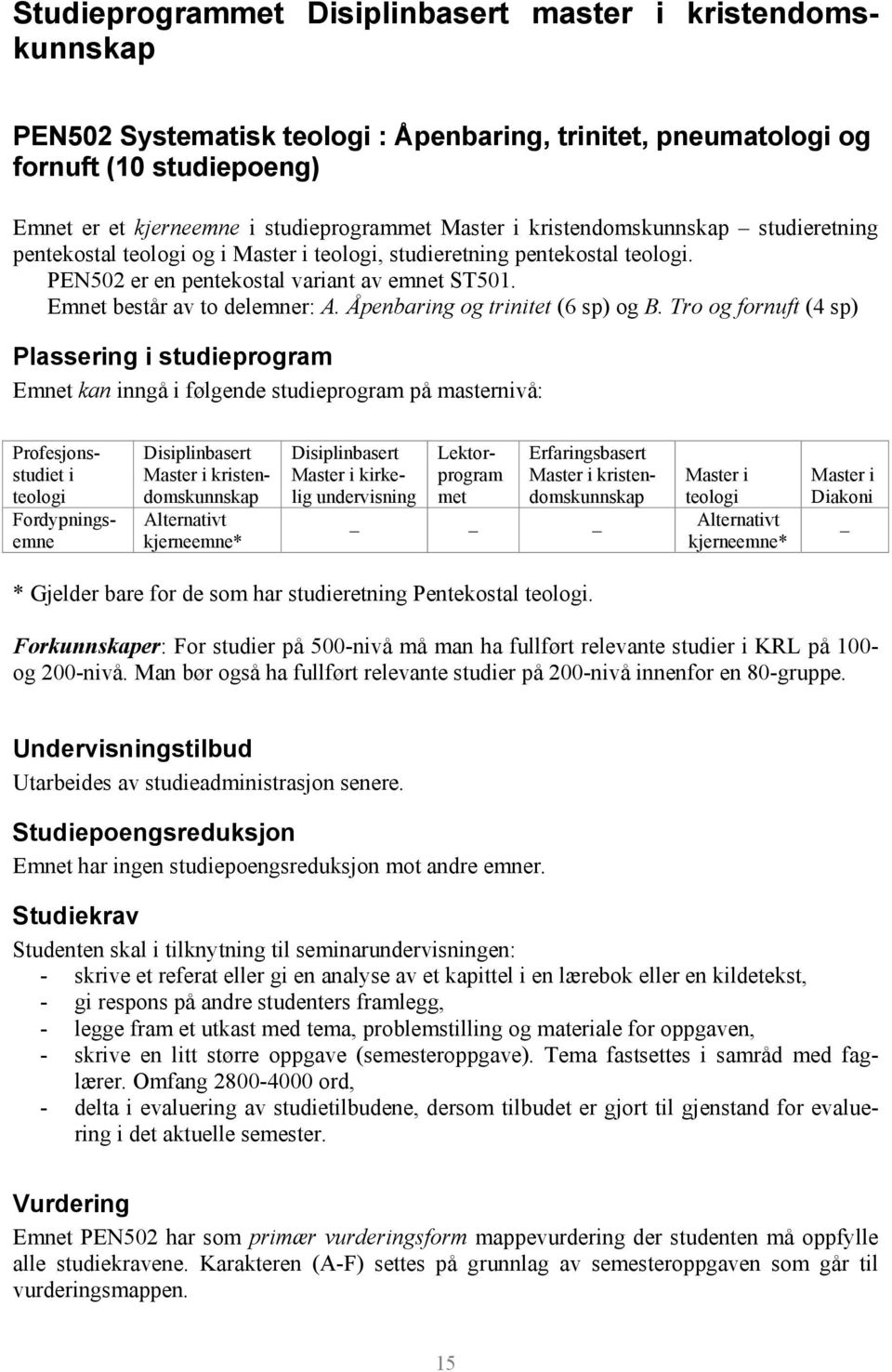 Emnet består av to delemner: A. Åpenbaring og trinitet (6 sp) og B.