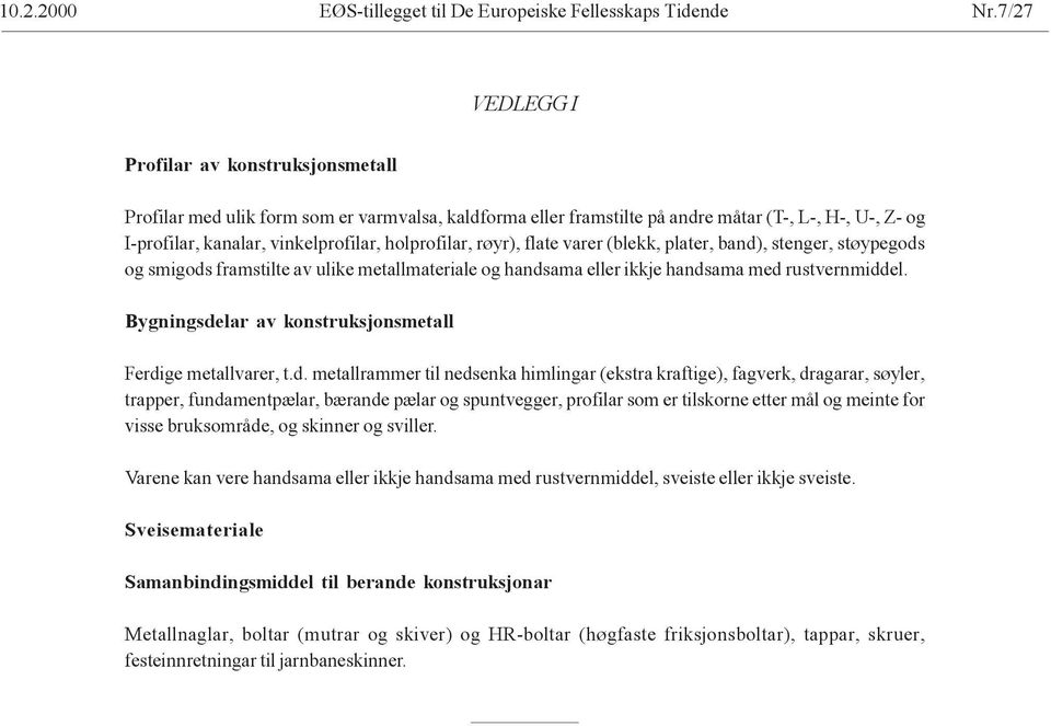 holprofilar, røyr), flate varer (blekk, plater, band)