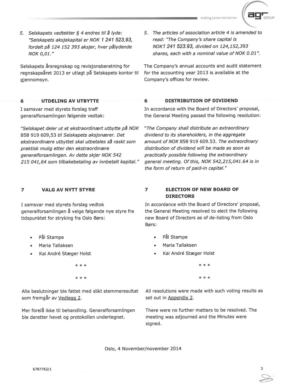 The articles ofassociation article 4 is amended to read: The Company s share capital is NOK1 241 523.93, divided on 124,1 52,393 shares, each with a nominal value of NOK 0.