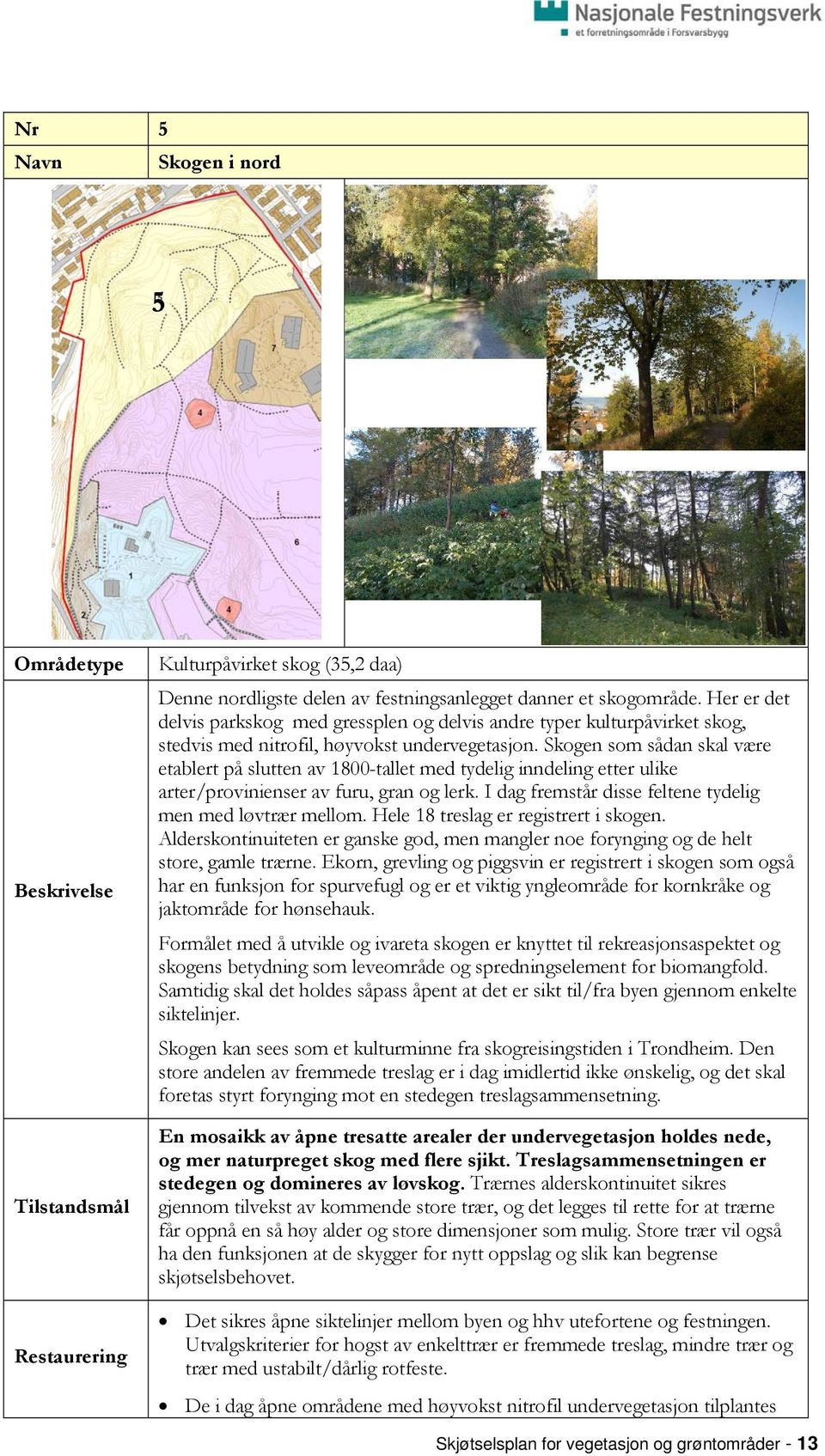 Skogen som sådan skal være etablert på slutten av 1800-tallet med tydelig inndeling etter ulike arter/provinienser av furu, gran og lerk. I dag fremstår disse feltene tydelig men med løvtrær mellom.