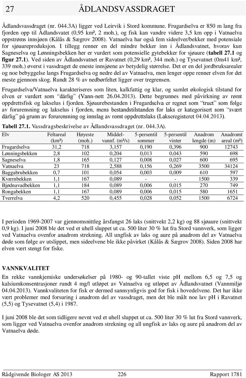 I tillegg renner en del mindre bekker inn i Ådlandsvatnet, hvorav kun Sagneselva og Lønningsbekken her er vurdert som potensielle gytebekker for sjøaure (tabell 27.1 og figur 27.1).