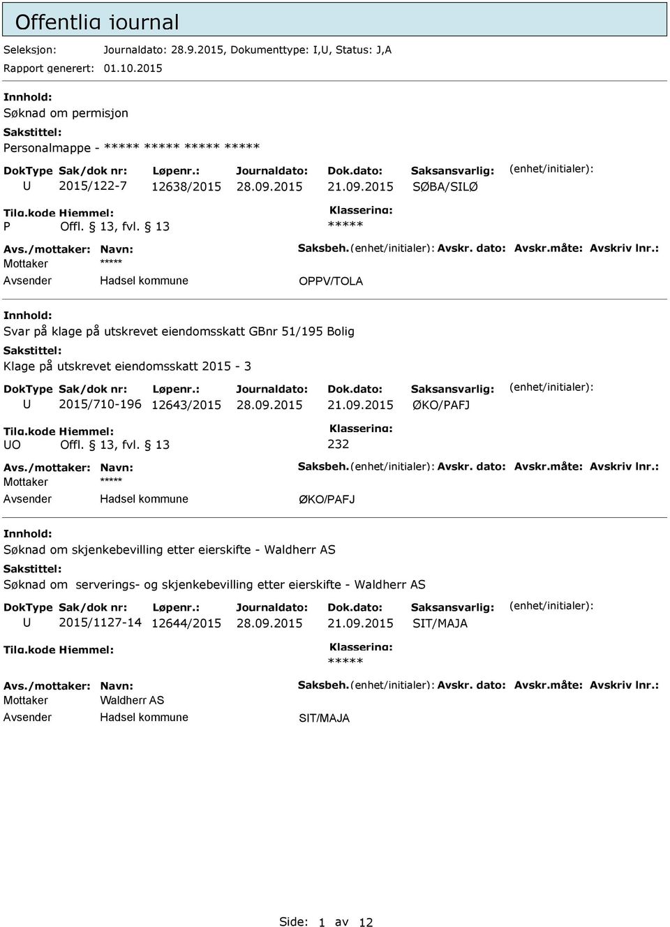 : Mottaker OPPV/TOLA Svar på klage på utskrevet eiendomsskatt GBnr 51/195 Bolig Klage på utskrevet eiendomsskatt 2015-3 2015/710-196 12643/2015 O 232 Avs.