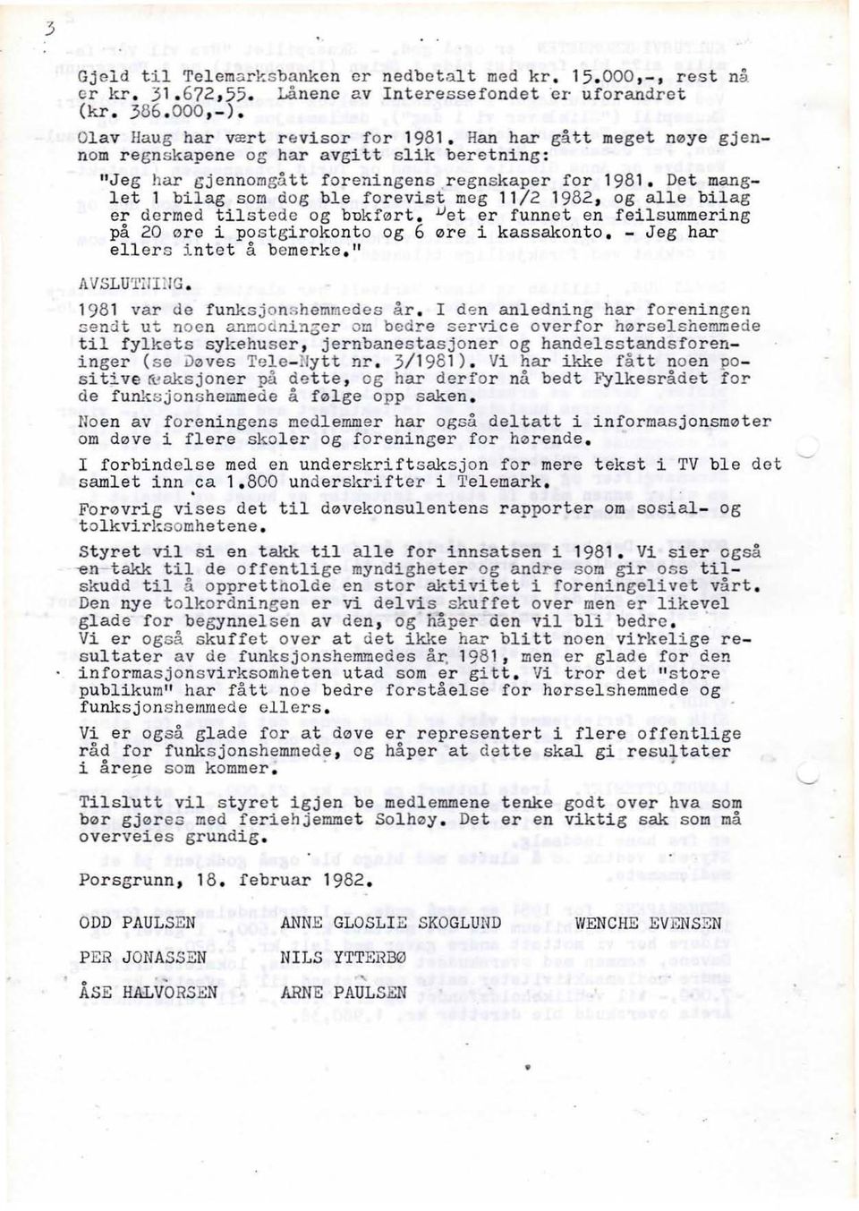 Det manglet 1 bilag som dog ble forevist meg 11/2 1982, og alle bilag er dermed tilstede og bukført. Uet er funnet en feilsummering på 20 øre i postgirokonto og 6 øre i kassakonto.