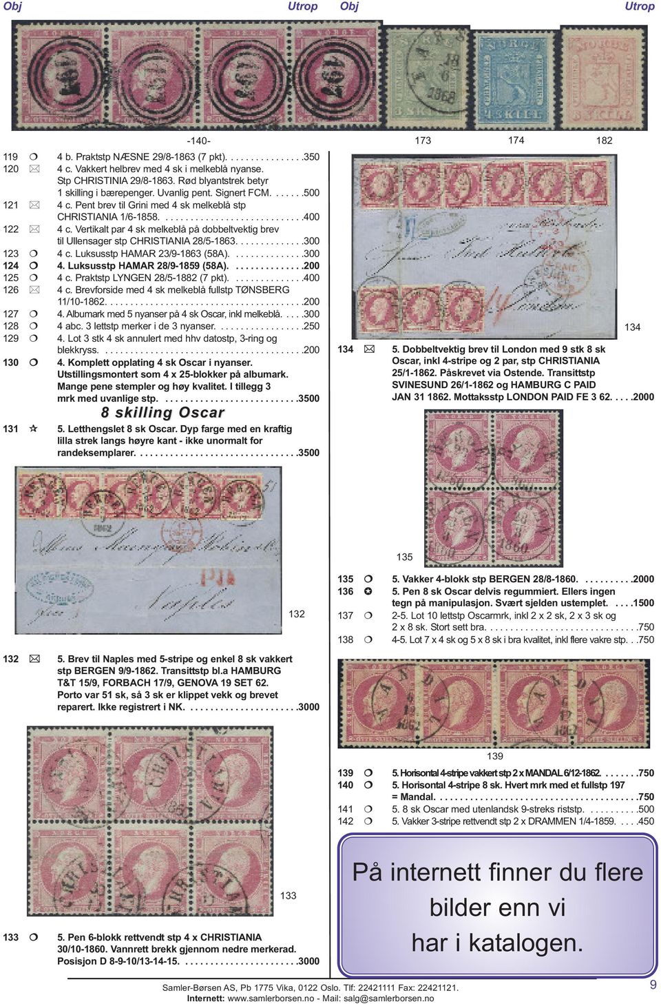 Vertikalt par 4 sk melkeblå på dobbeltvektig brev til Ullensager stp CHRISTIANIA 28/5-1863..............300 123 4 c. Luksusstp HAMAR 23/9-1863 (58A)...............300 124 4.