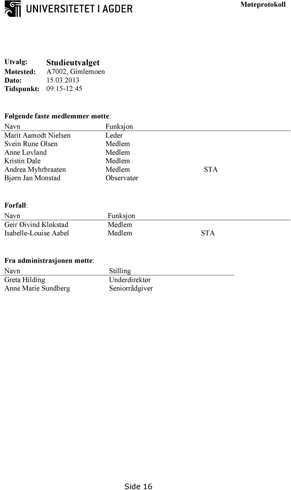 Medlem Anne Løvland Medlem Kristin Dale Medlem Andrea Myhrbraaten Medlem STA Bjørn Jan Monstad Observatør Forfall: Navn