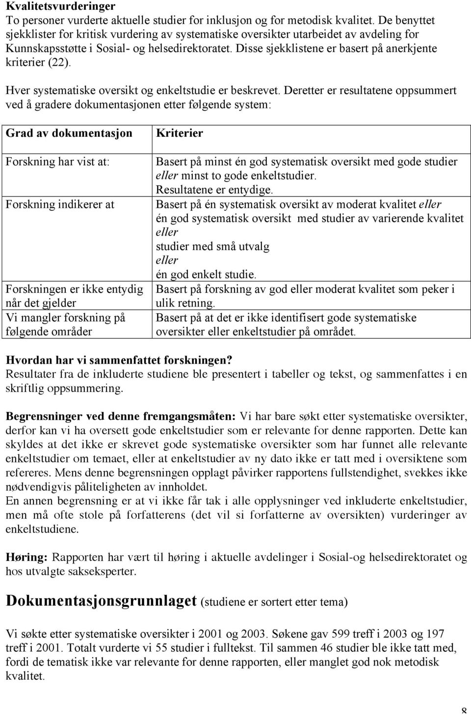 Disse sjekklistene er basert på anerkjente kriterier (22). Hver systematiske oversikt og enkeltstudie er beskrevet.