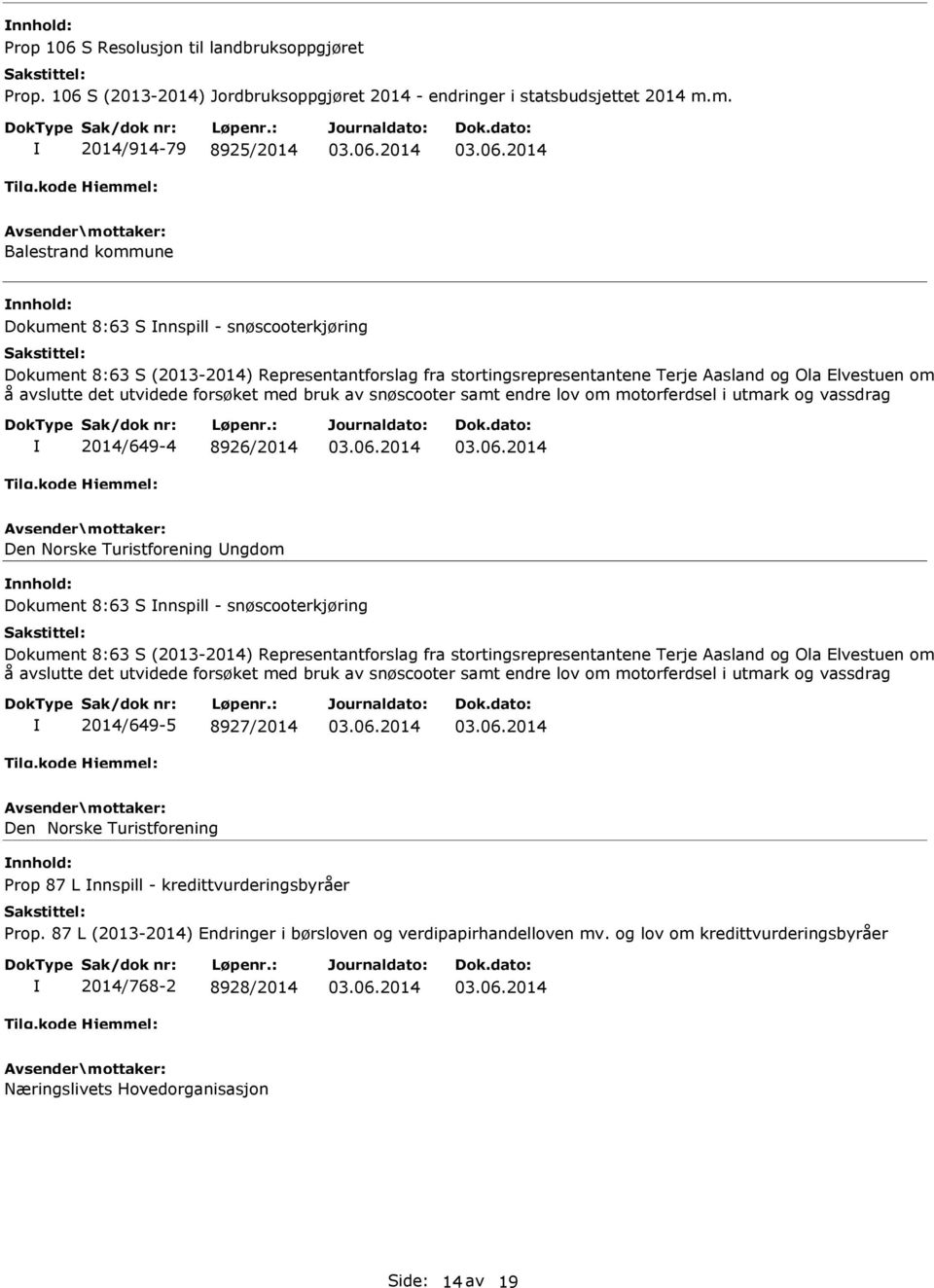 å avslutte det utvidede forsøket med bruk av snøscooter samt endre lov om motorferdsel i utmark og vassdrag 2014/649-4 8926/2014 Den Norske Turistforening ngdom Dokument 8:63 S nnspill -