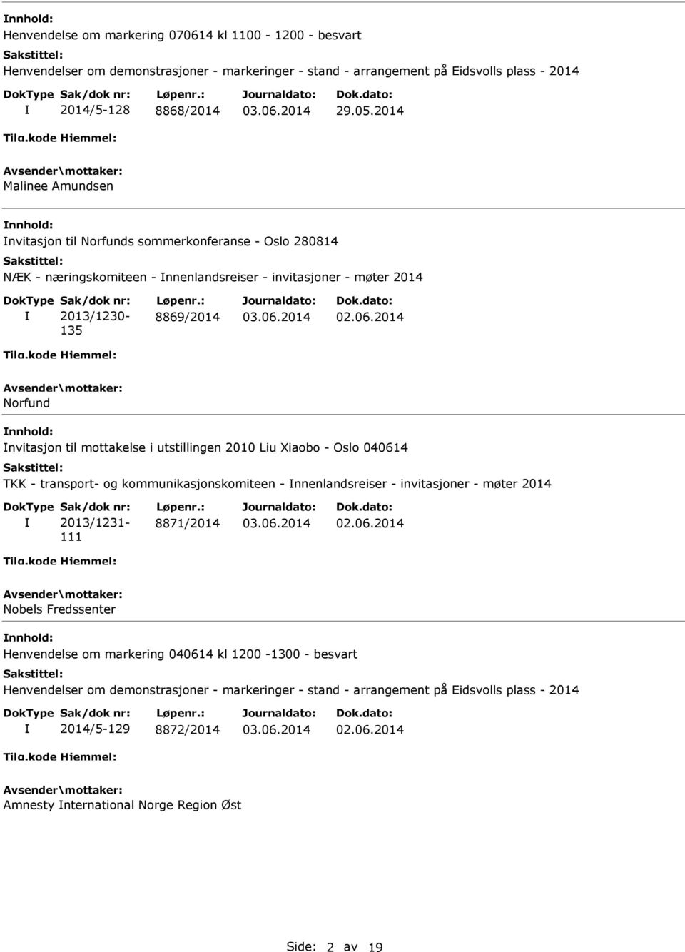 mottakelse i utstillingen 2010 Liu Xiaobo - Oslo 040614 TKK - transport- og kommunikasjonskomiteen - nnenlandsreiser - invitasjoner - møter 2014 2013/1231-111 8871/2014 Nobels Fredssenter