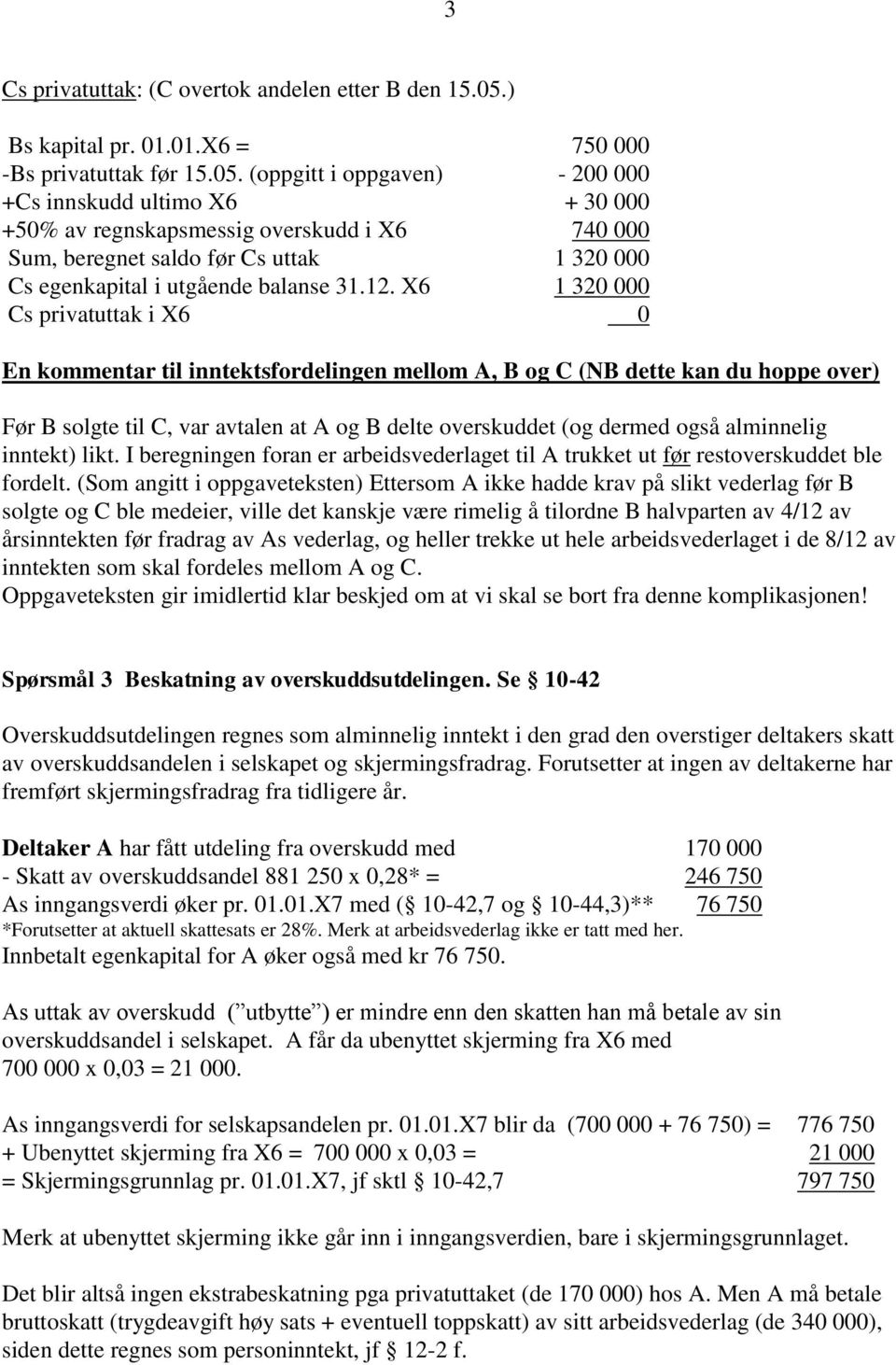 (oppgitt i oppgaven) - 200 000 +Cs innskudd ultimo X6 + 30 000 +50% av regnskapsmessig overskudd i X6 740 000 Sum, beregnet saldo før Cs uttak 1 320 000 Cs egenkapital i utgående balanse 31.12.