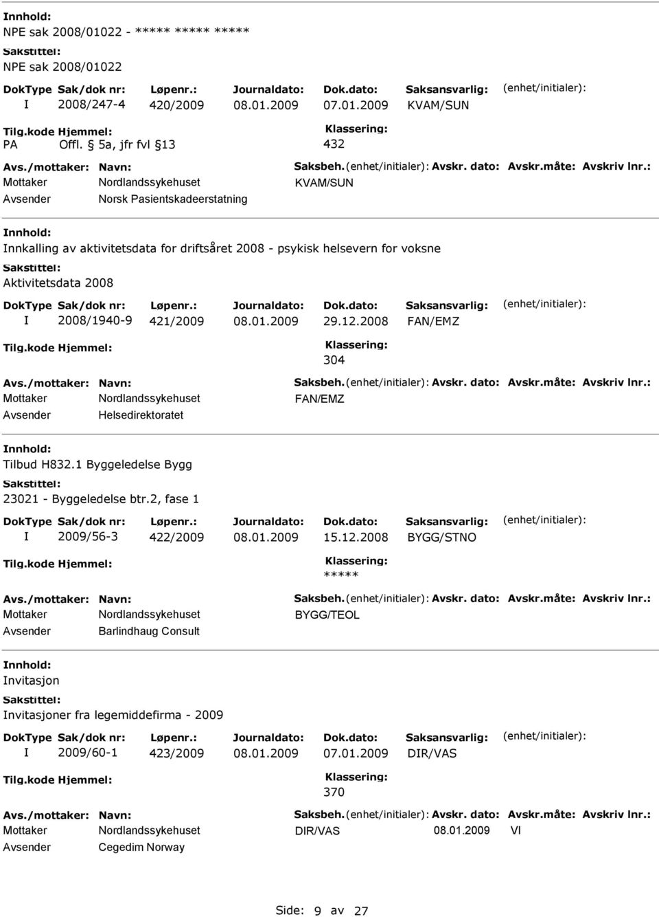 /mottaker: Navn: Saksbeh. Avskr. dato: Avskr.måte: Avskriv lnr.: FAN/EMZ Helsedirektoratet Tilbud H832.1 Byggeledelse Bygg 23021 - Byggeledelse btr.2, fase 1 2009/56-3 422/2009 15.12.