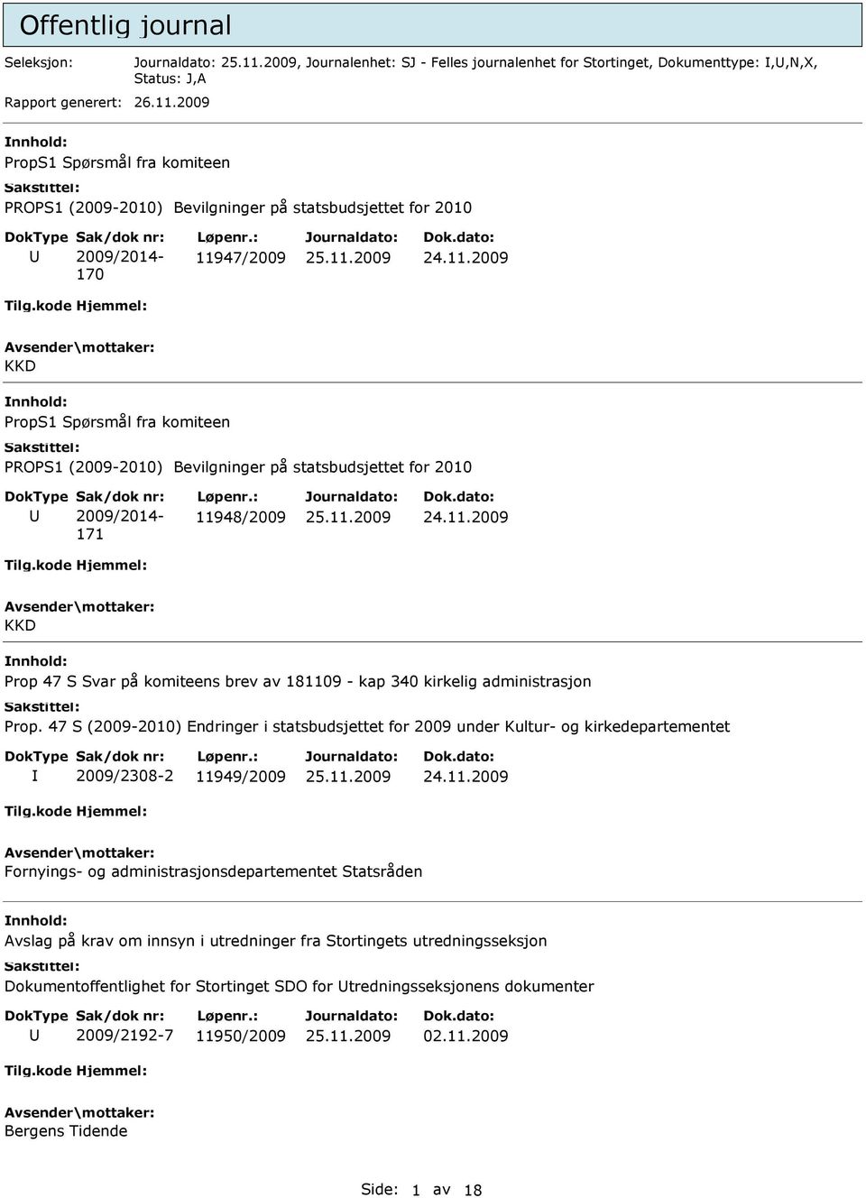 statsbudsjettet for 2010 2009/2014-171 11948/2009 KKD Prop 47 S Svar på komiteens brev av 181109 - kap 340 kirkelig administrasjon Prop.