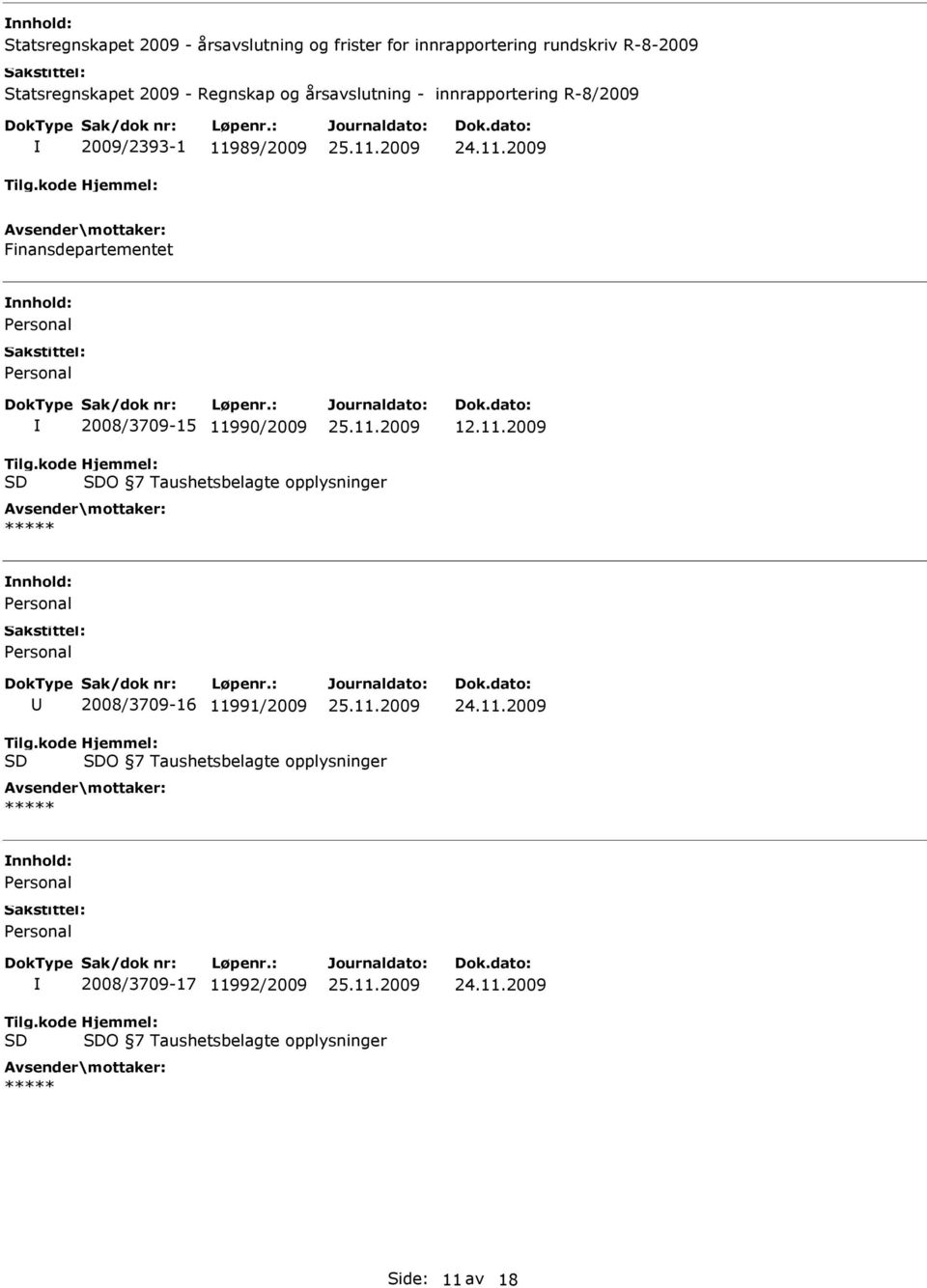 kode SD Hjemmel: SDO 7 Taushetsbelagte opplysninger ***** Personal Personal 2008/3709-16 11991/2009 Tilg.