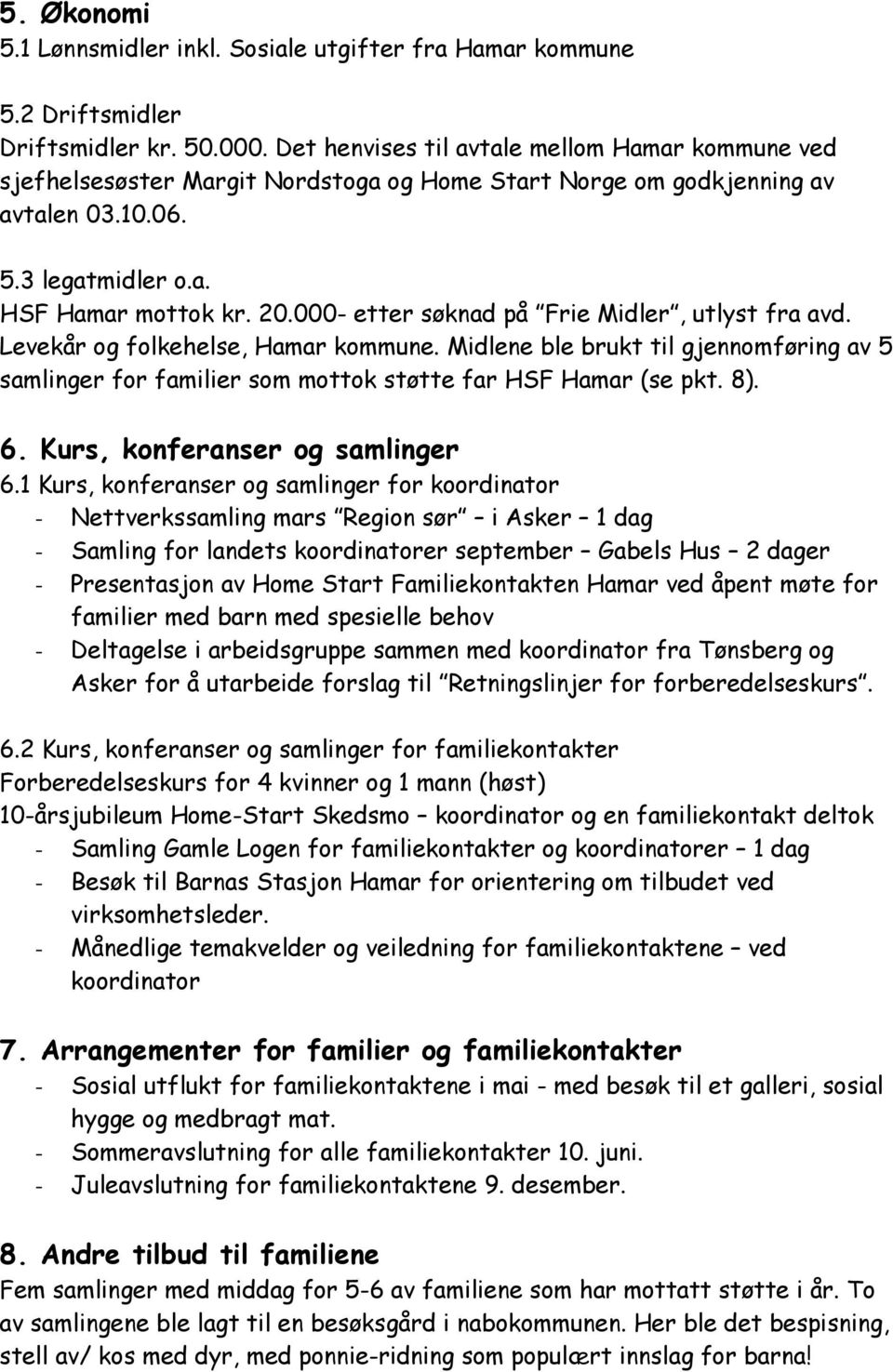 000- etter søknad på Frie Midler, utlyst fra avd. Levekår og folkehelse, Hamar kommune. Midlene ble brukt til gjennomføring av 5 samlinger for familier som mottok støtte far HSF Hamar (se pkt. 8). 6.