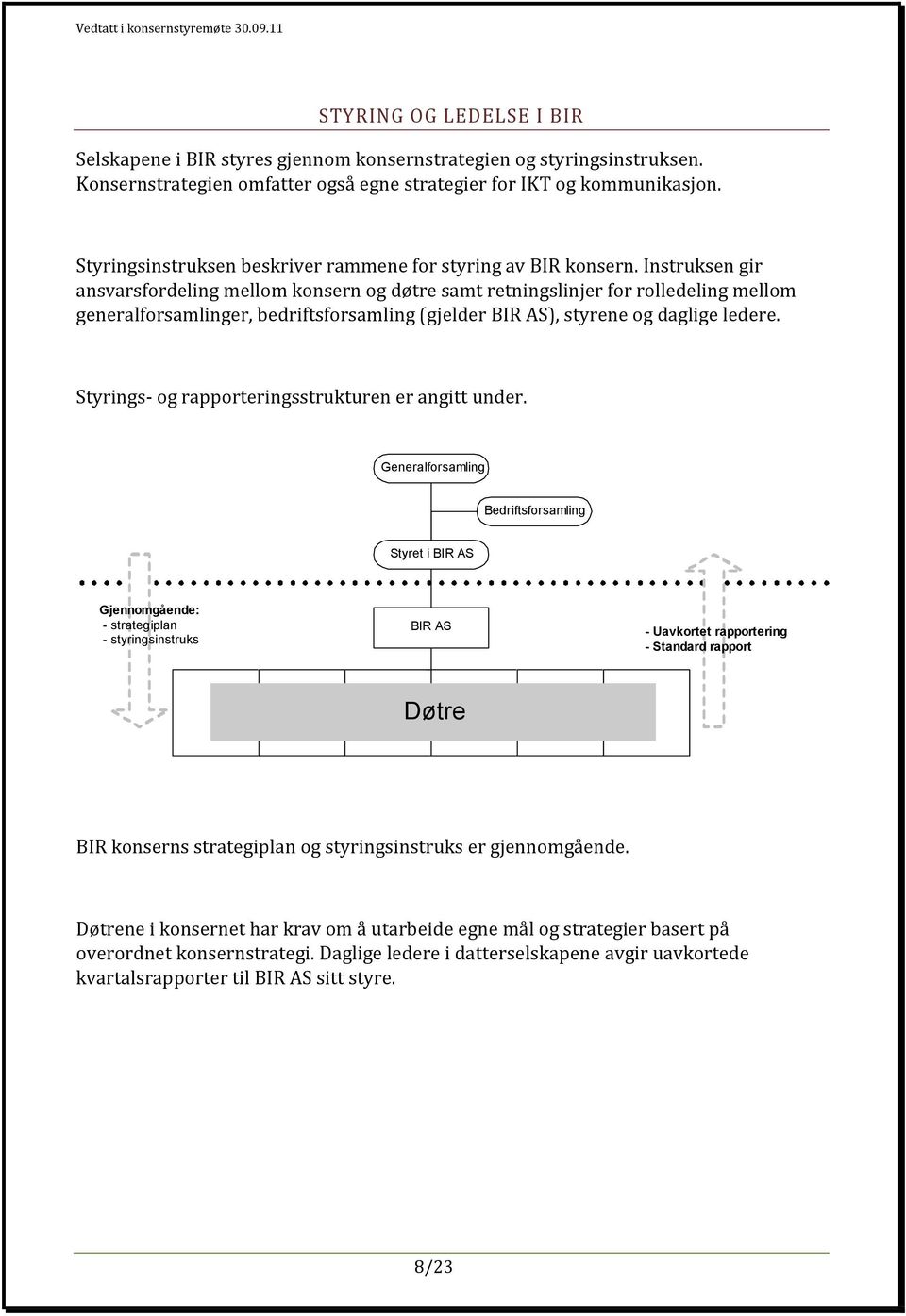 Instruksen gir ansvarsfordeling mellom konsern og døtre samt retningslinjer for rolledeling mellom generalforsamlinger, bedriftsforsamling (gjelder BIR AS), styrene og daglige ledere.