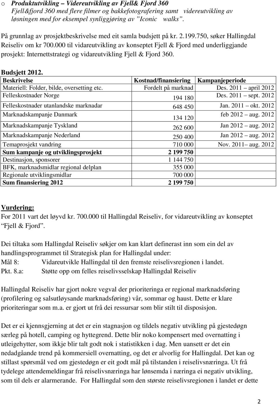 000 til vidareutvikling av konseptet Fjell & Fjord med underliggjande prosjekt: Internettstrategi og vidareutvikling Fjell & Fjord 360. Budsjett 2012.