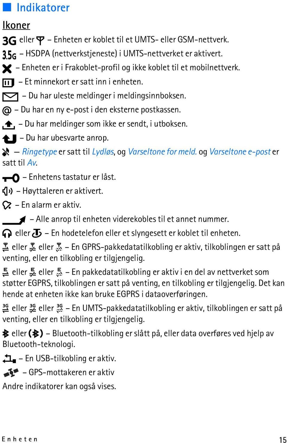 Ringetype er satt til Lydløs, og Varseltone for meld. og Varseltone e-post er satt til Av. Enhetens tastatur er låst. Høyttaleren er aktivert. En alarm er aktiv.