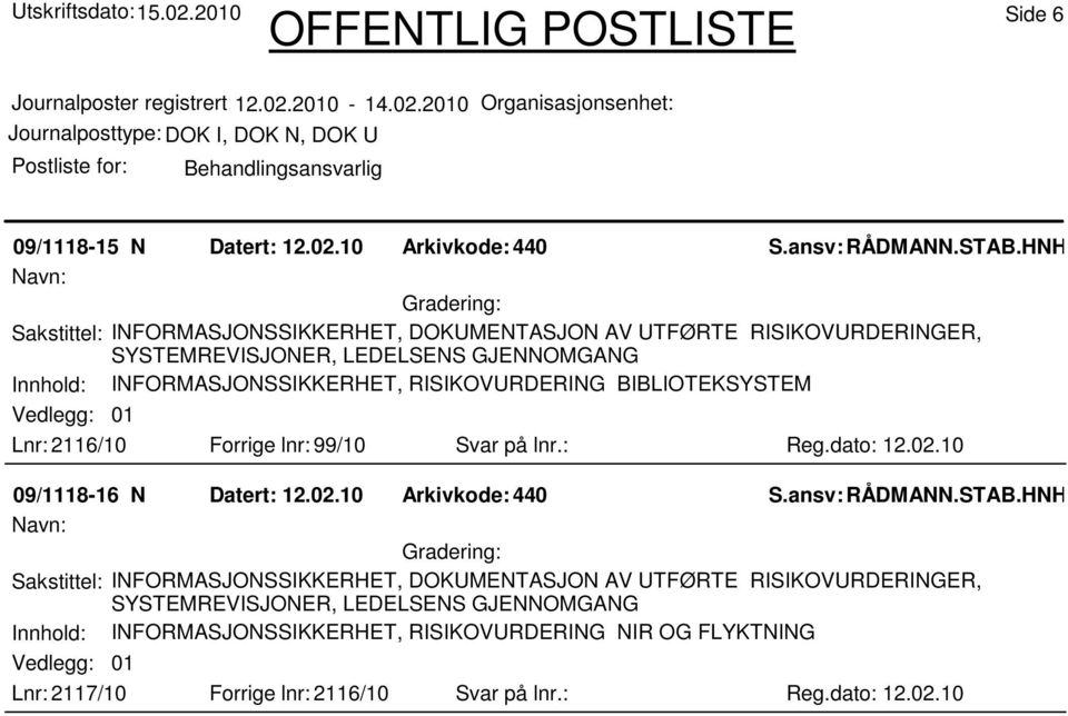 RISIKOVURDERING BIBLIOTEKSYSTEM 01 Lnr: 2116/10 Forrige lnr: 99/10 Svar på lnr.: Reg.dato: 12.02.10 09/1118-16 N Datert: 12.02.10 Arkivkode:440 S.ansv: RÅDMANN.STAB.