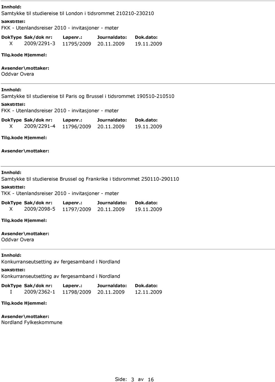 til studiereise Brussel og Frankrike i tidsrommet 250110-290110 TKK - tenlandsreiser 2010 - invitasjoner - møter X 2009/2098-5 11797/2009 Oddvar Overa