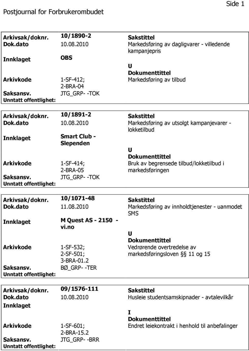 2010 Markedsføring av utsolgt kampanjevarer - lokketilbud nnklaget Smart Club - Slependen 1-SF-414; 2-BRA-05 Bruk av begrensede tilbud/lokketilbud i markedsføringen JTG_GRP- -TOK Arkivsak/doknr.