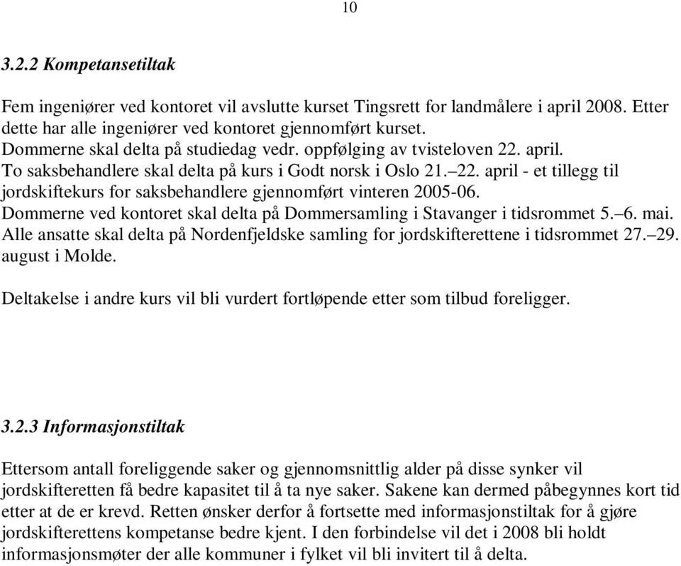 Dommerne ved kontoret skal delta på Dommersamling i Stavanger i tidsrommet 5. 6. mai. Alle ansatte skal delta på Nordenfjeldske samling for jordskifterettene i tidsrommet 27. 29. august i Molde.