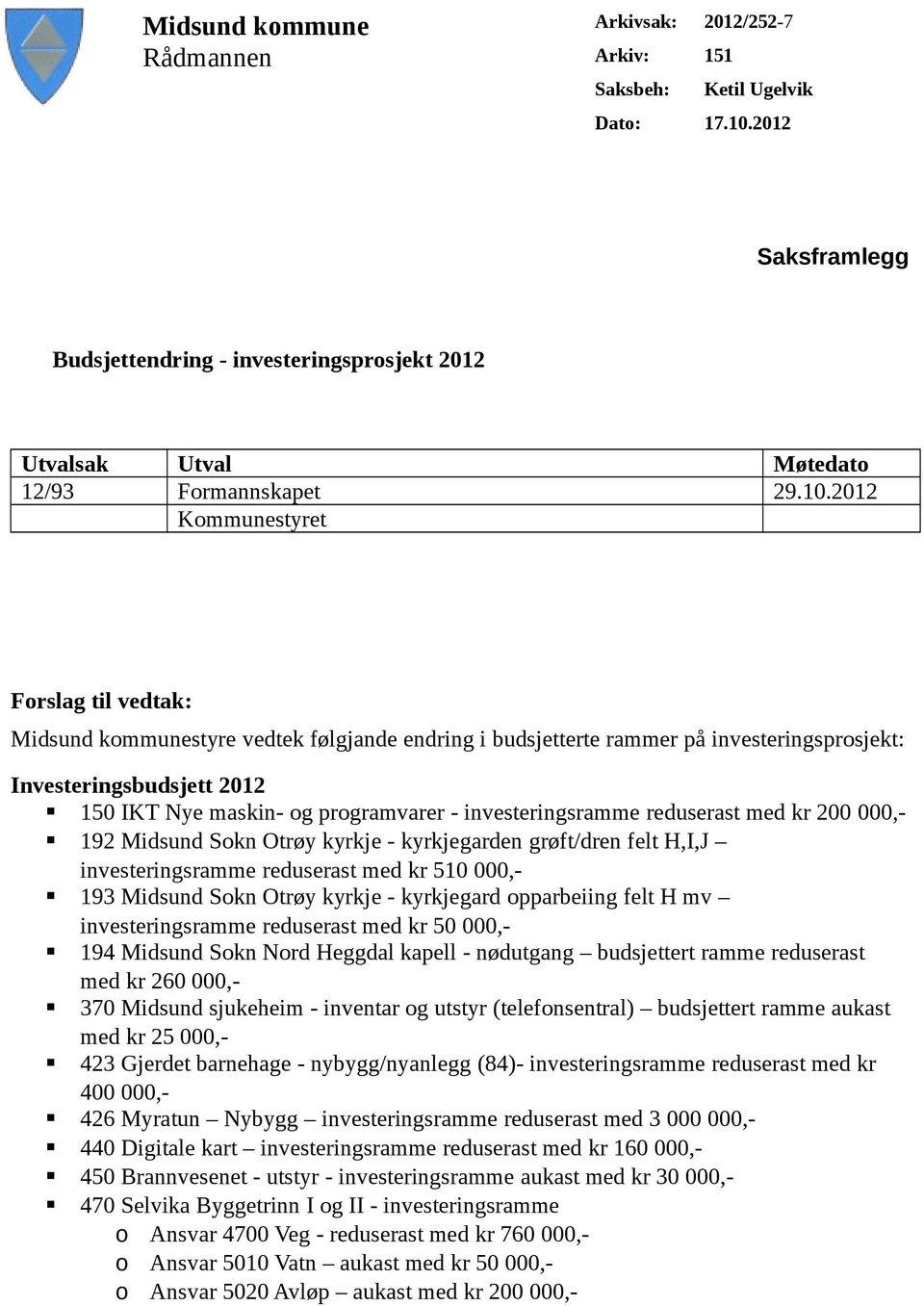 2012 Kommunestyret Forslag til vedtak: Midsund kommunestyre vedtek følgjande endring i budsjetterte rammer på investeringsprosjekt: Investeringsbudsjett 2012 150 IKT Nye maskin- og programvarer -