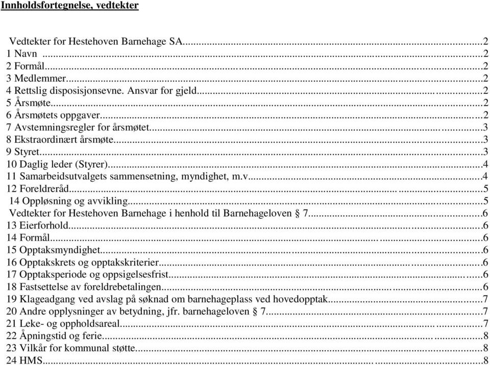 ..5 14 Oppløsning og avvikling...5 Vedtekter for Hestehoven Barnehage i henhold til Barnehageloven 7...6 13 Eierforhold...6 14 Formål...6 15 Opptaksmyndighet...6 16 Opptakskrets og opptakskriterier.