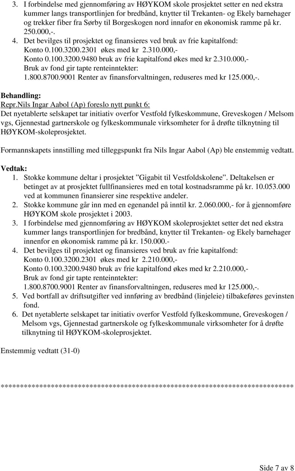 310.000,- Bruk av fond gir tapte renteinntekter: 1.800.8700.9001 Renter av finansforvaltningen, reduseres med kr 125.000,-. Behandling: Repr.