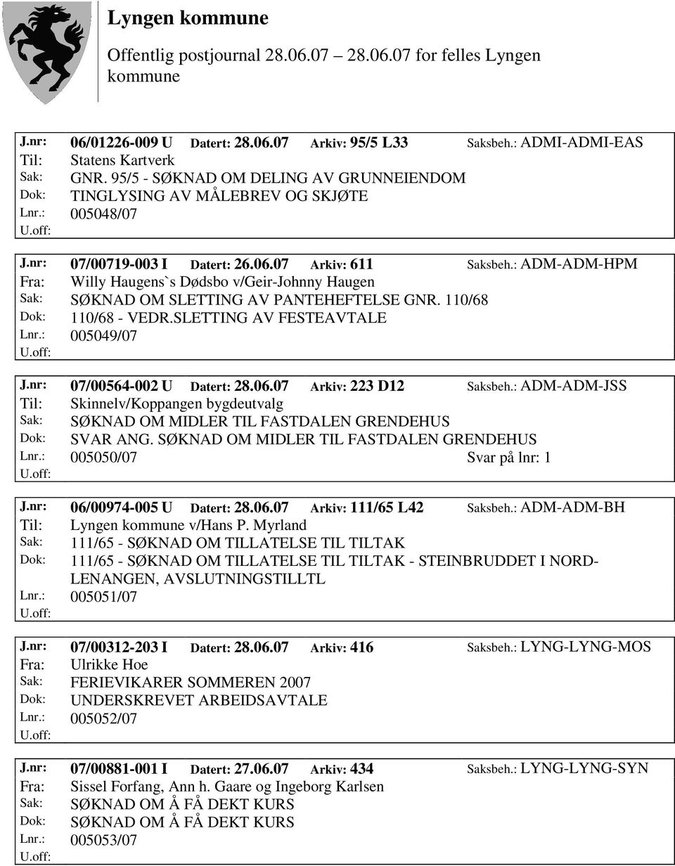 110/68 Dok: 110/68 - VEDR.SLETTING AV FESTEAVTALE Lnr.: 005049/07 J.nr: 07/00564-002 U Datert: 28.06.07 Arkiv: 223 D12 Saksbeh.