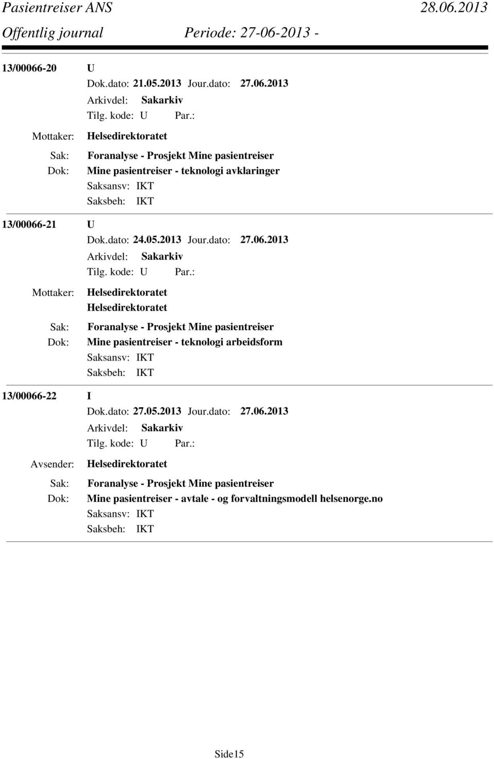 2013 Mine pasientreiser - teknologi arbeidsform 13/00066-22 I Dok.dato: 27.05.