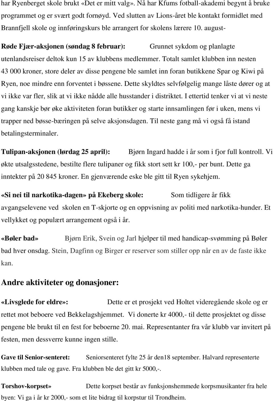 august- Røde Fjær-aksjonen (søndag 8 februar): Grunnet sykdom og planlagte utenlandsreiser deltok kun 15 av klubbens medlemmer.