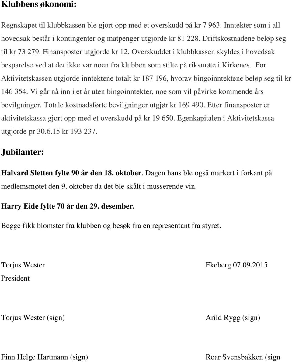 For Aktivitetskassen utgjorde inntektene totalt kr 187 196, hvorav bingoinntektene beløp seg til kr 146 354. Vi går nå inn i et år uten bingoinntekter, noe som vil påvirke kommende års bevilgninger.