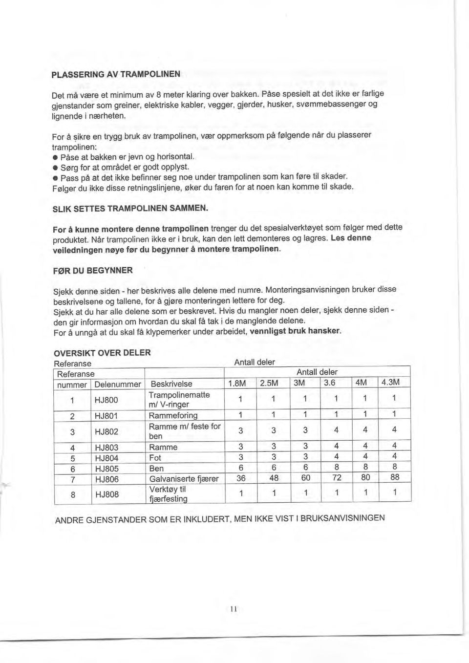 For a sikre 6n trygg bruk av trampolinen, var oppmerksom pa fobende ner du plasserer tramoolanen: a Pese at bakken erjevn og horisontal. o 5619 for at omredet er godt opplyst.