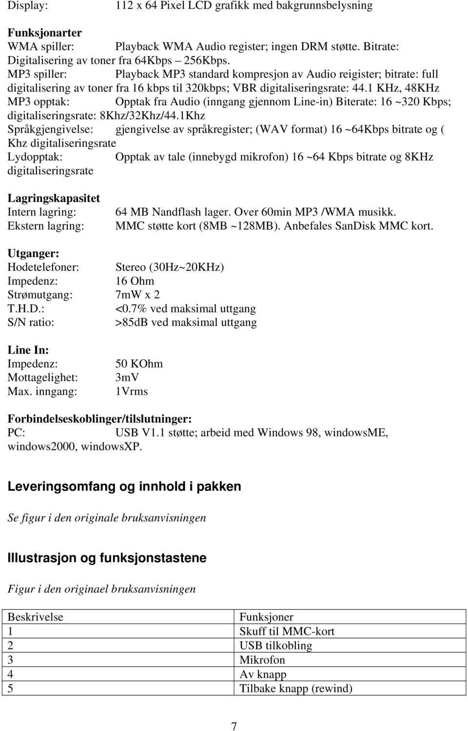 1 KHz, 48KHz MP3 opptak: Opptak fra Audio (inngang gjennom Line-in) Biterate: 16 ~320 Kbps; digitaliseringsrate: 8Khz/32Khz/44.