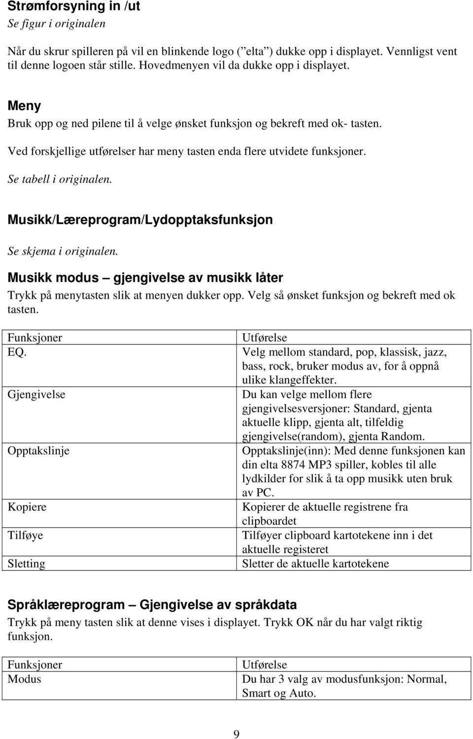 Se tabell i originalen. Musikk/Læreprogram/Lydopptaksfunksjon Se skjema i originalen. Musikk modus gjengivelse av musikk låter Trykk på menytasten slik at menyen dukker opp.