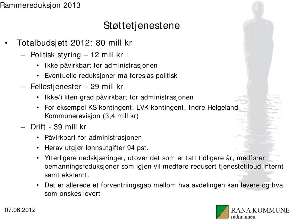 Drift - 39 mill kr Påvirkbart for administrasjonen Herav utgjør lønnsutgifter 94 pst.