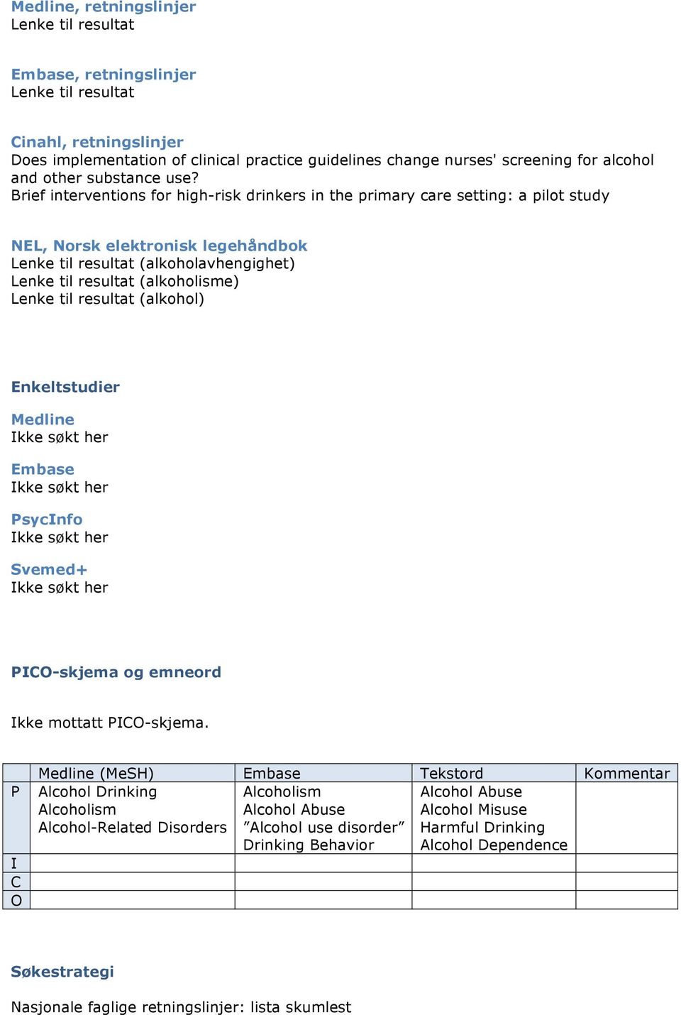 Brief interventions for high-risk drinkers in the primary care setting: a pilot study NEL, Norsk elektronisk legehåndbok Lenke til resultat (alkoholavhengighet) Lenke til resultat (alkoholisme) Lenke