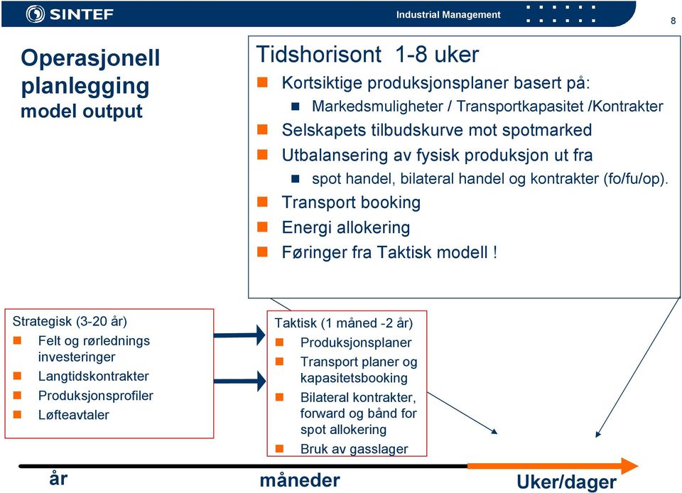 Transport booking Energi allokering Føringer fra Taktisk modell!