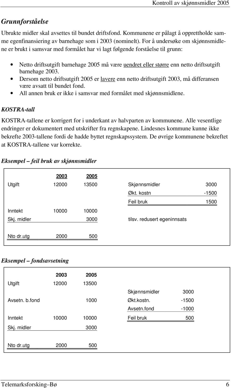 barnehage 2003. Dersom netto driftsutgift 2005 er lavere enn netto driftsutgift 2003, må differansen være avsatt til bundet fond. All annen bruk er ikke i samsvar med formålet med skjønnsmidlene.