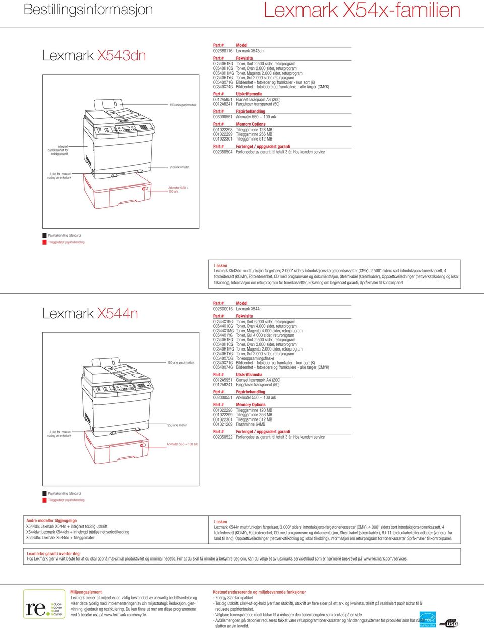 000 sider, returprogram 0C540X71G Bildeenhet - fotoleder og framkaller - kun sort (K) 0C540X74G Bildeenhet - fotoledere og framkallere - alle farger (CMYK) Part # Utskriftsmedia 0012A5951 Glanset