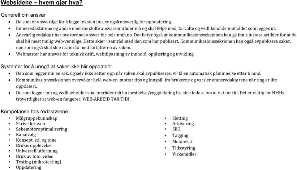 Det betyr også at kommunikasjonsseksjonen kan gå inn å justere artikler for at de skal bli mest mulig web-vennlige. Dette skjer i samråd med den som har publisert.