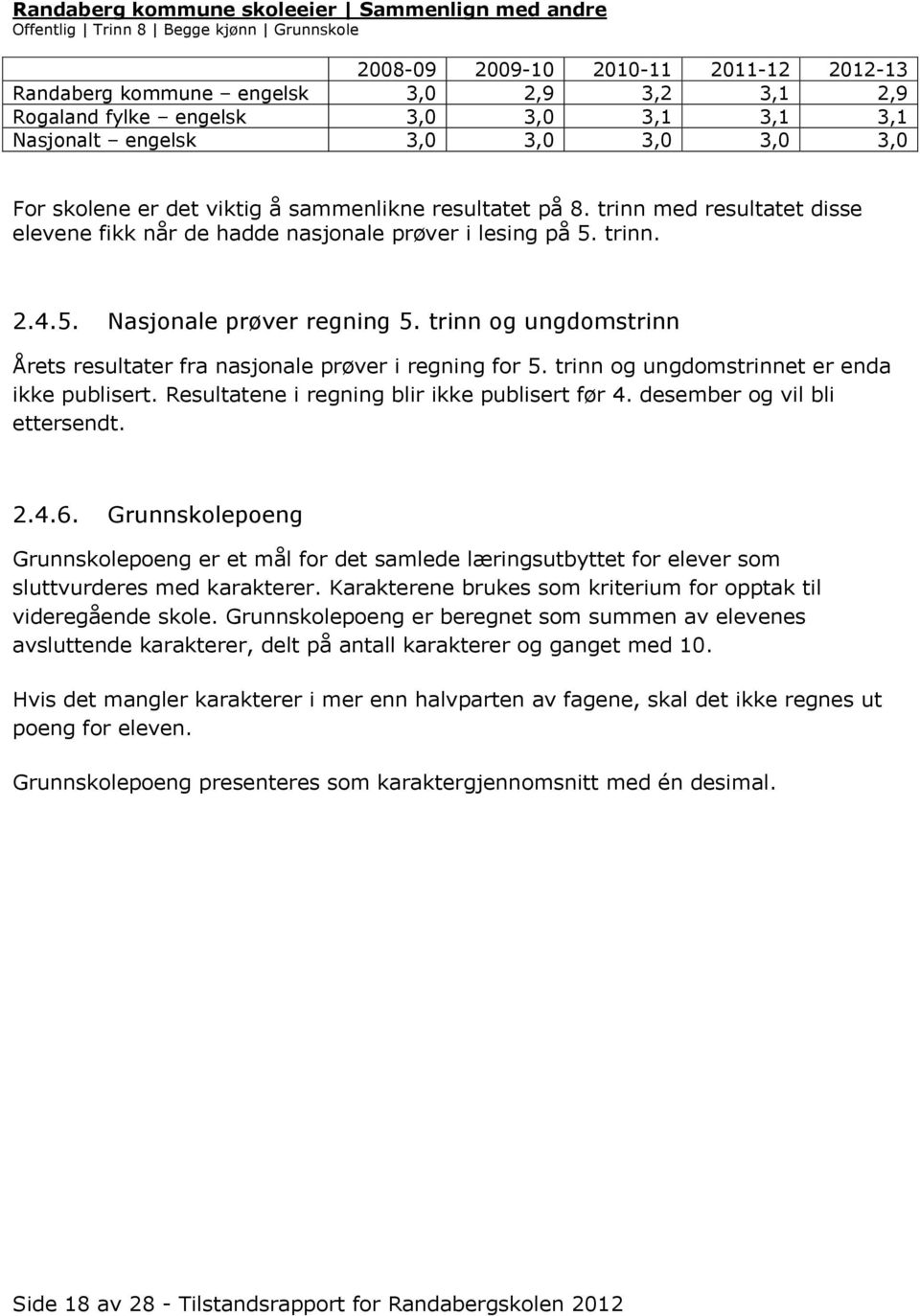 trinn. 2.4.5. Nasjonale prøver regning 5. trinn og ungdomstrinn Årets resultater fra nasjonale prøver i regning for 5. trinn og ungdomstrinnet er enda ikke publisert.