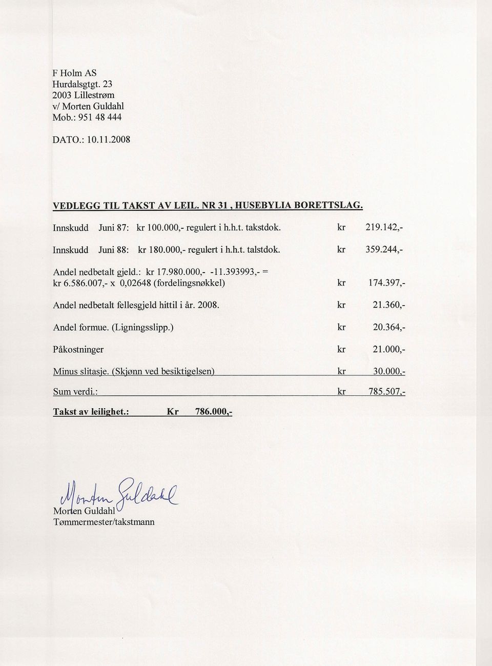 : kr 17.980.000,- -11.393993,- = kr 6.586.007,- x 0,02648 (fordelingsnøkkel) Andel nedbetalt fellesgjeld hittil i år. 2008. Andel formue. (Ligningsslipp.