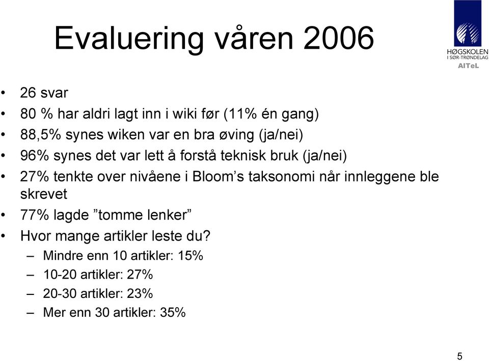 nivåene i Bloom s taksonomi når innleggene ble skrevet 77% lagde tomme lenker Hvor mange artikler