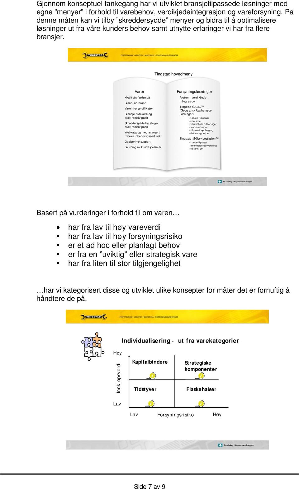 Tingstad hovedmeny Varer Kvalitets-/prisnivå Brand/no-brand Vareinfo/sertifikater Bransje-/idekatalog elektronisk/papir Skreddersydde kataloger elektronisk/papir Webkatalog med avansert