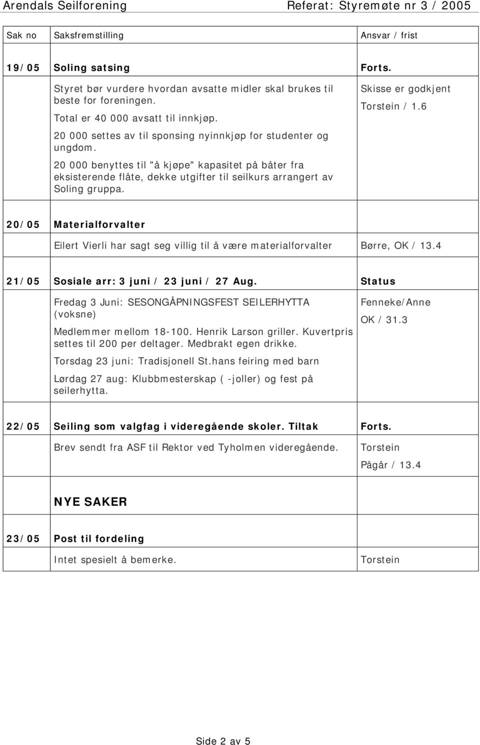 Skisse er godkjent / 1.6 20/05 Materialforvalter Eilert Vierli har sagt seg villig til å være materialforvalter Børre, OK / 13.4 21/05 Sosiale arr: 3 juni / 23 juni / 27 Aug.